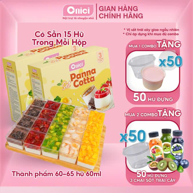 Combo 2 set nguyên liệu Panna Cotta tự nấu thành phẩm 60-65 hũ 60ml Bếp Của Mẹ ONICI - có sẵn 5 vị dâu, đào, socola, kiwi, chanh dây - kèm công thức nấu - có vị sốt Chua sốt Ngọt