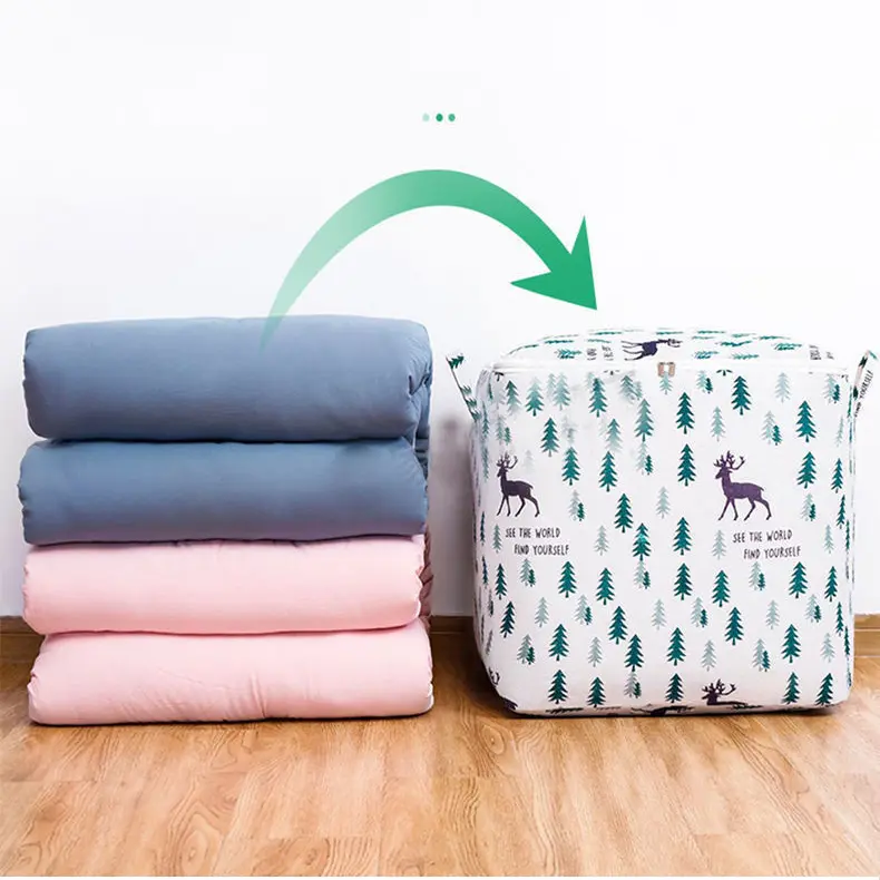 Túi đựng chăn màn quần áo giỏ vải canvas cớ lớn 100L túi đựng đồ đa năng gấp gọn tiện lợi có khóa kéo và tay xách H79 1