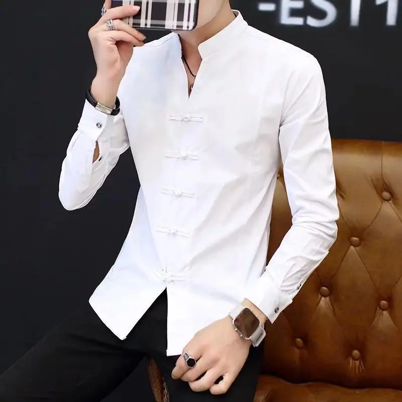 Long Sleeve T-Shirt for Men, Stand Collar, Tang Suit Style, Chinese Style, Button, Stretchy, Slim Fit, Autumn Outerwear, Pedal