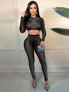 Women's Rhinestone Decor Sheer Mesh Two-Piece Set, Long Sleeve Crop Top & High Waist Skinny Pants Set, Ladies Clothes for Party Club