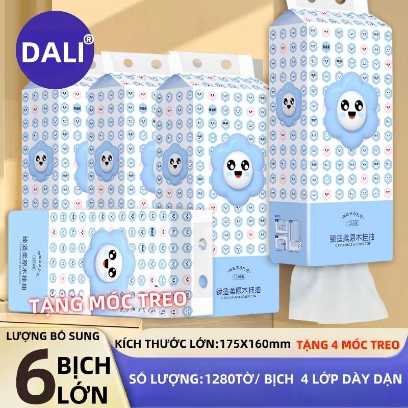 Thùng 6 bịch lớn 1280 tờ 4 lớp gấu trúc khăn giấy rút Bông Sen Vàng DALI ( tặng 3 móc treo ),