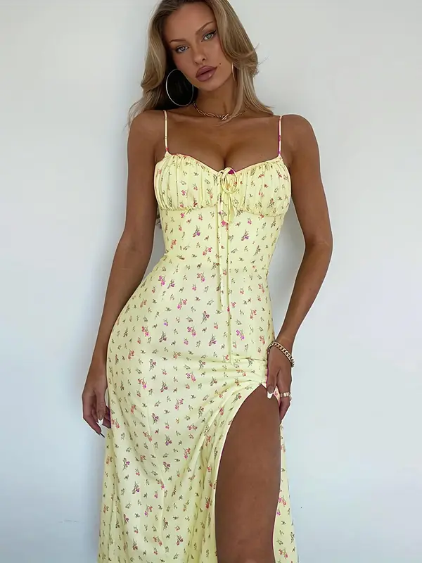 Floral split leg cami dress, sundress floor-length dress, wedding guest dress, wedding dress, wedding dress, sundress 2025 summer dress for women comfort   Womenswear Piece Bohemian Fitted Yellow 0