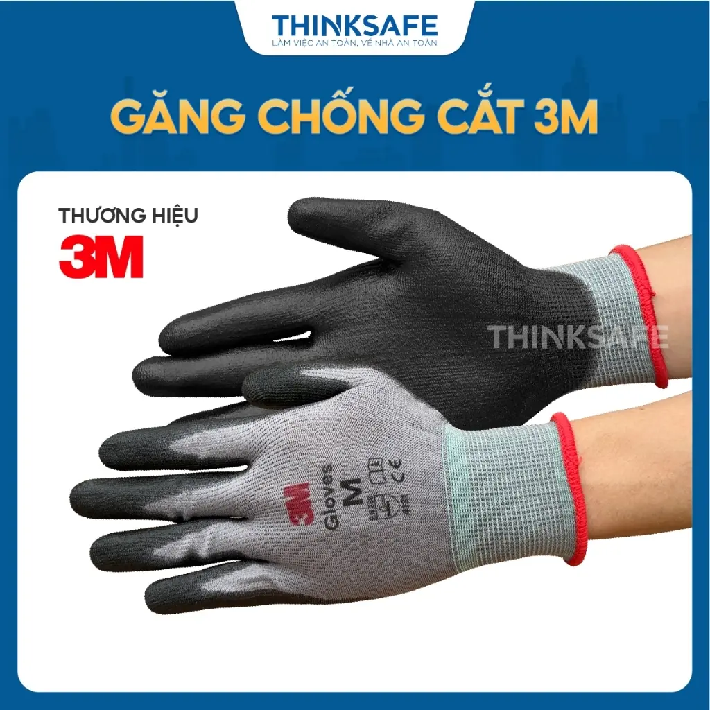 Găng tay chống cắt 3 M cấp độ 1, 3 và 5 an toàn, bảo vệ tay, phủ pu, Găng tay bảo hộ lao động chính hãng - THINKSAFE
