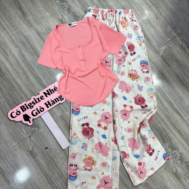 80.B32 Set bộ áo cổ tròn bầu có nút tay ngắn quần suông in hoạt hình labu quần chất đũi Kem Nữ Women Voi Top 7