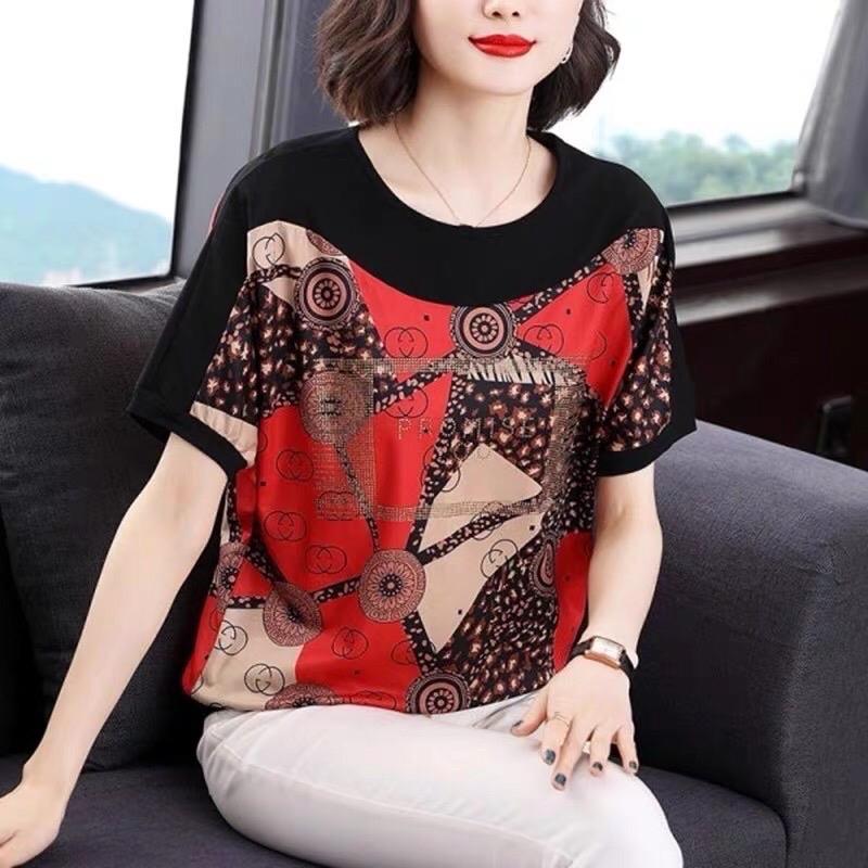 áo trung niên nữ áo trung tuổi cộc tay cho mẹ u40 u50 bigsize cổ tròn a o đen vàng khỏe mạnh Casual không Giraffe Cái nơ