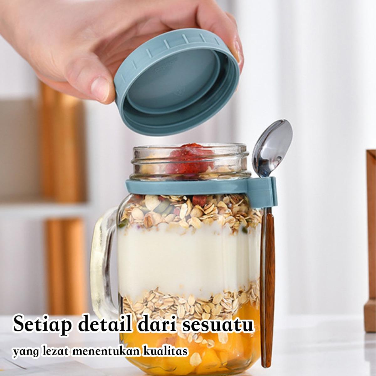 Gelas Oatmeal Kecil dengan Tutup & Sendok - Alat Sarapan Sehat, Wadah Yogurt, Cangkir Kopi, Botol Mason Jar, Tempat Bekal Kreatif untuk Salad, Susu, dan Minuman Secara Ringkas