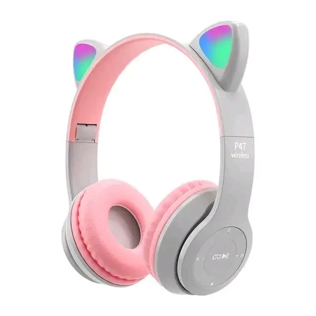 Termurah Headphone Bluetooth P47M RGB LED / Cute Cat Ear Wireless Audio Stereo Super Bass headset bando model kelinci Peredam Kebisingan 4