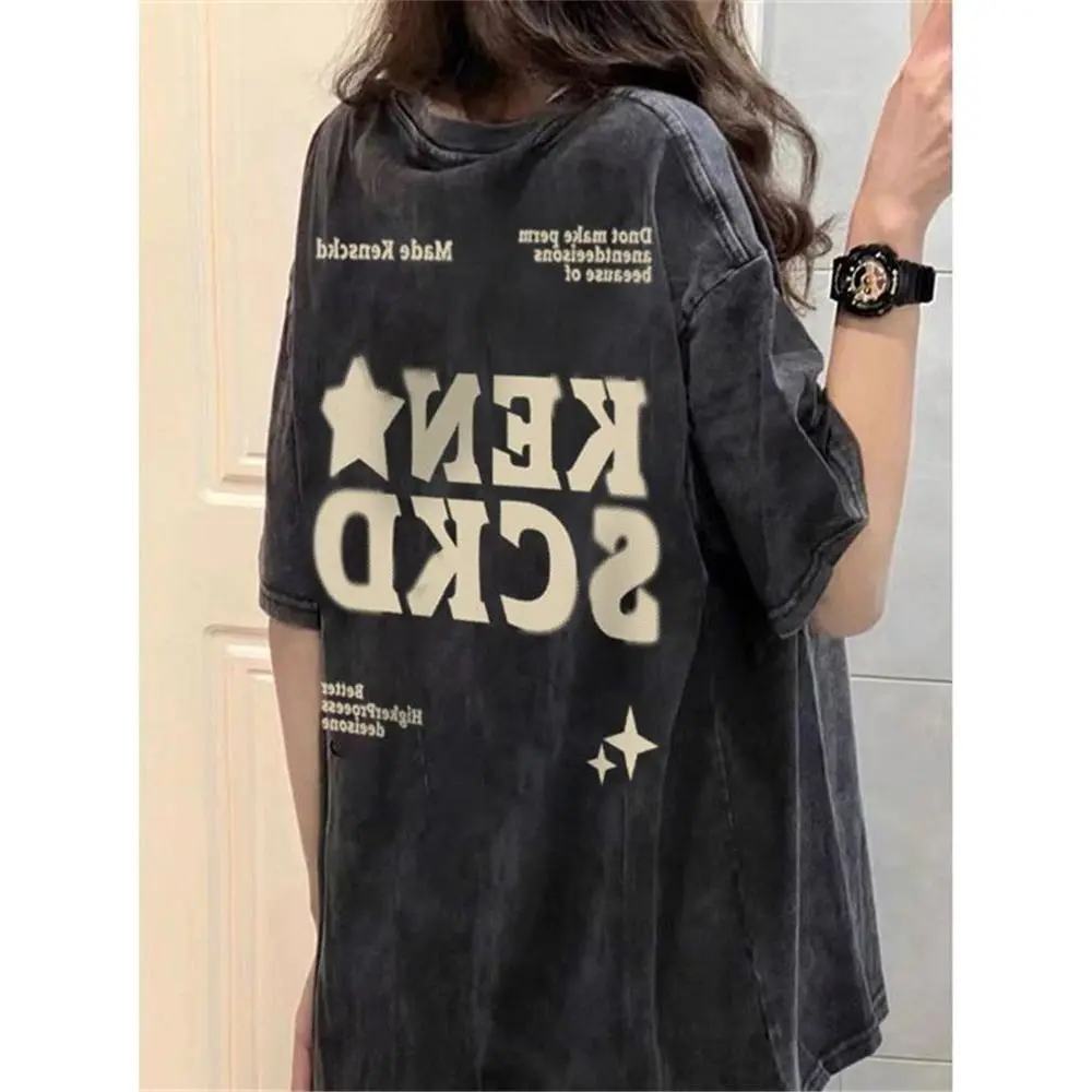 Áo Thun Cổ Điển Phong Cách Mỹ Dáng Rộng Vừa Vặn, In Chữ, Thiết Kế Làm Cũ Và Làm Cũ, Thích Hợp Cho Mùa Hè, Hàng Mới Về, Áo Thời Trang, Quần Áo Nữ, Dễ Phối Đồ, Phong Cách Ins Top Women