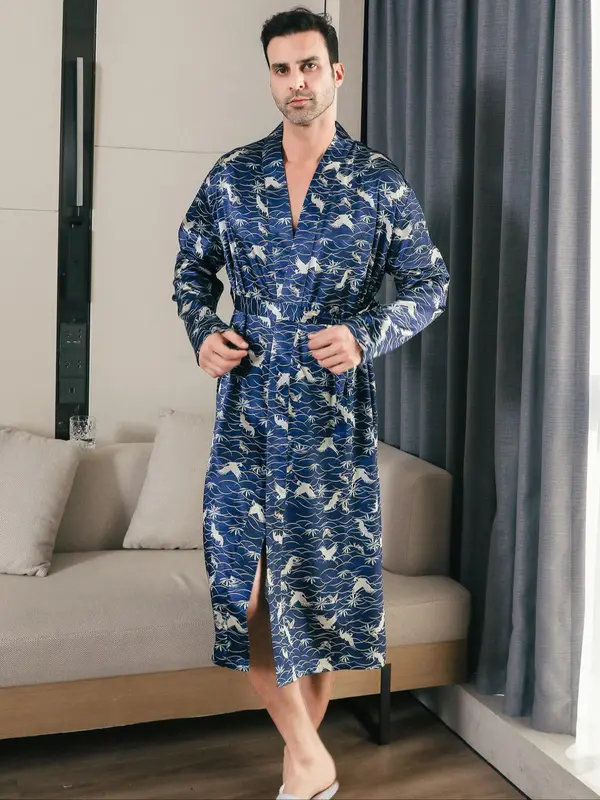 Men's Regular Fit All Over Print Satin Robe with Waist Belt Design, Casual Long Sleeve Shawl Collar Satin Dressing Gown for Summer, Fashion Men's Sleepwear 2