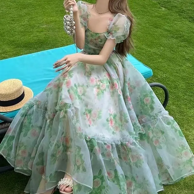 French Style Green Fairy Floral Dress Princess Summer Cake 2025 Waist-Cinching New Long Dress