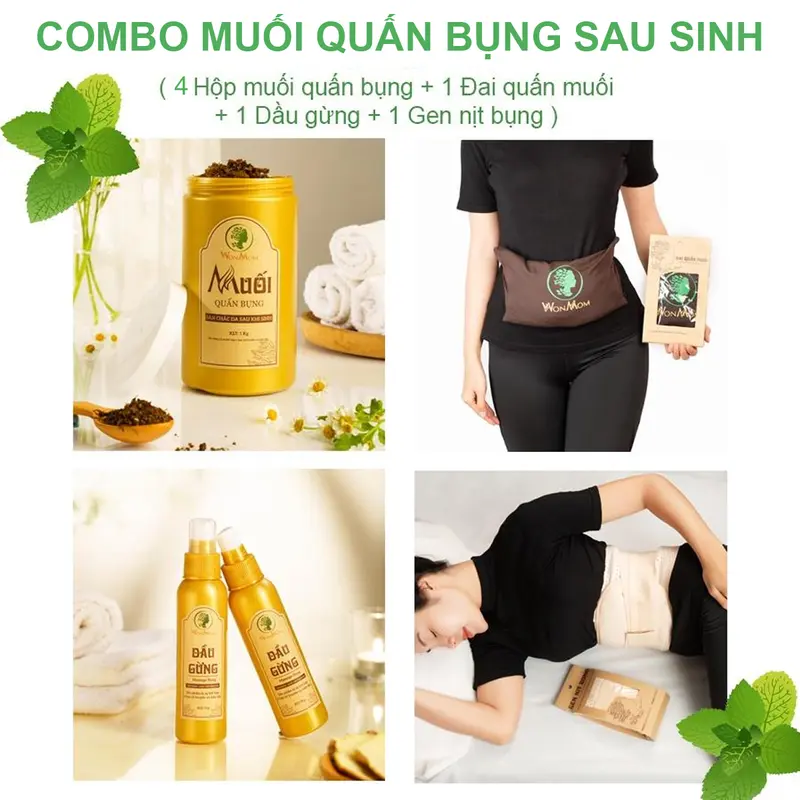 Combo Muối Quấn Bụng Sau Sinh Cỡ Lớn Wonmom ( 4 hủ muối quấn bụng + 1 gen nịt bụng + 1 đai quấn muối + 1 dầu gừng massage) 2