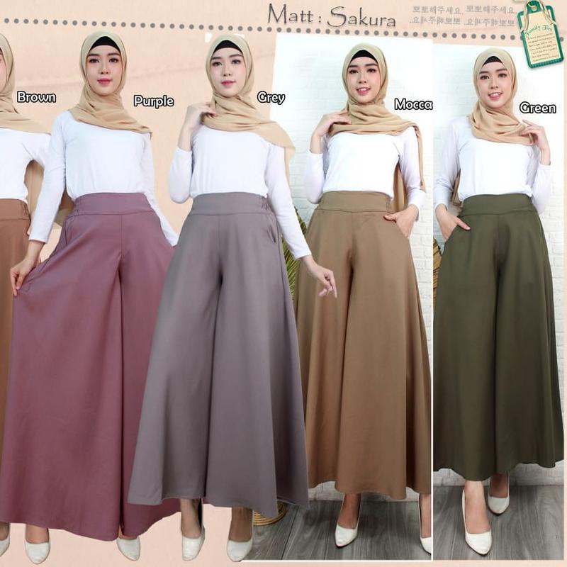 kulot payung celana panjang wanita bahan sakura flowy Variasi ban pinggang karet belakang Melar 2