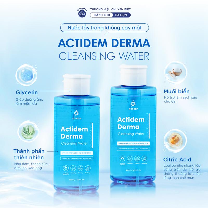 [Tặng Nước tẩy trang mini] Nước tẩy trang không cay mắt Actidem Derma Cleansing Water cho da mụn, nhạy cảm 50/480/500ml- Từ Hảo Cosmetic