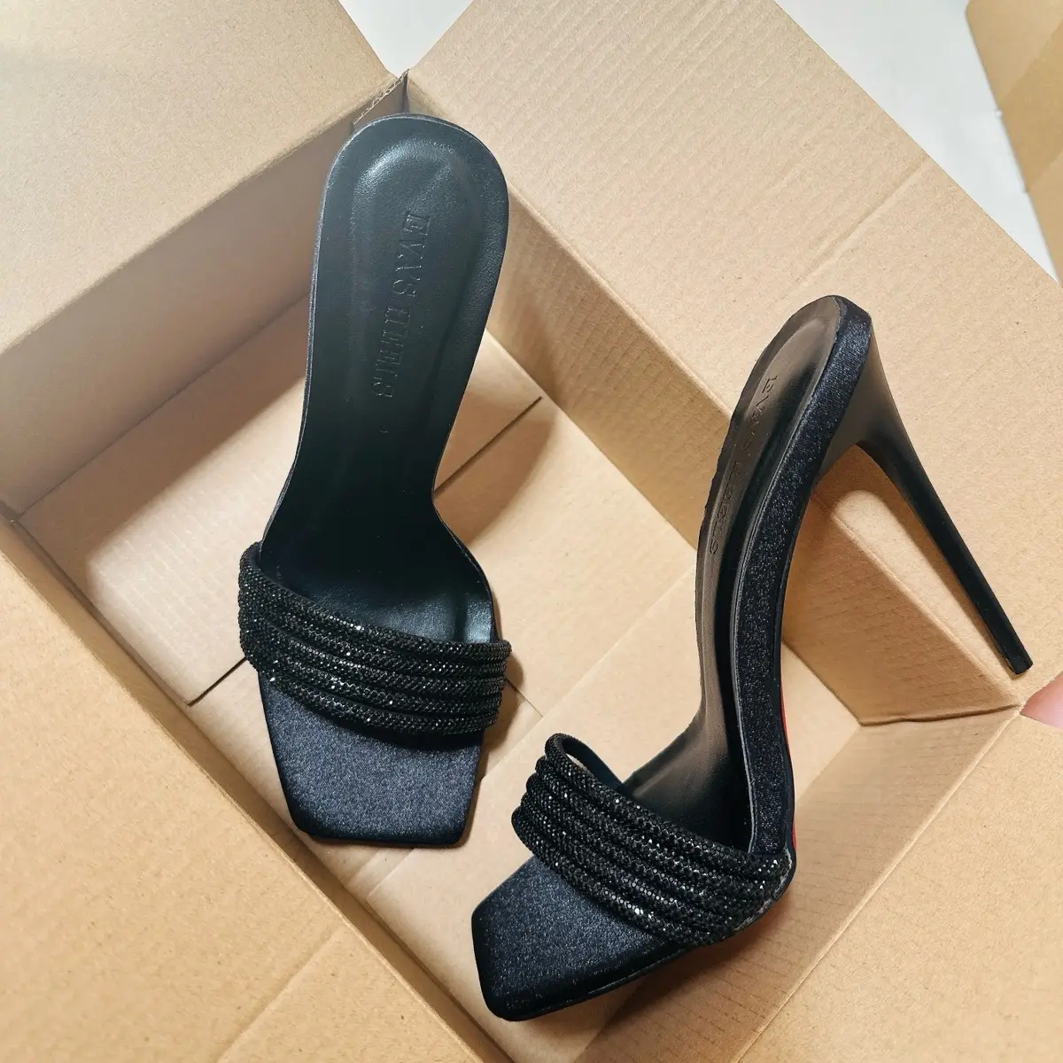 Dép cao gót TM 5 dây đá mũi vuông màu đen cao 8 9 11 12 cm (5v) GiàY Nữ Jean Sandal DéP