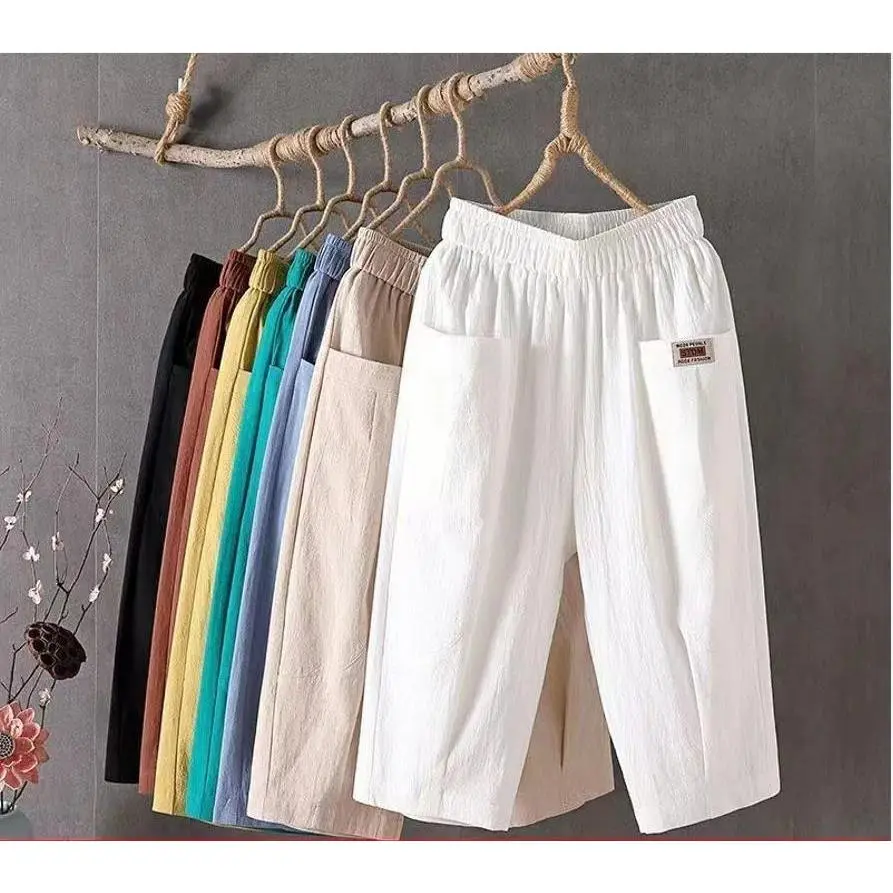 Loose Fit Linen Capri Pants for Women Lady Lingerie Bottom Trouser Womenswear Comfort Basic Minimalist