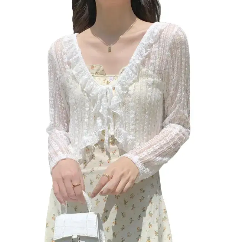 Áo Khoác Nữ, 1 Chiếc, Có Nơ Ren Và Thiết Kế Xếp Ly áo lưới Women Top