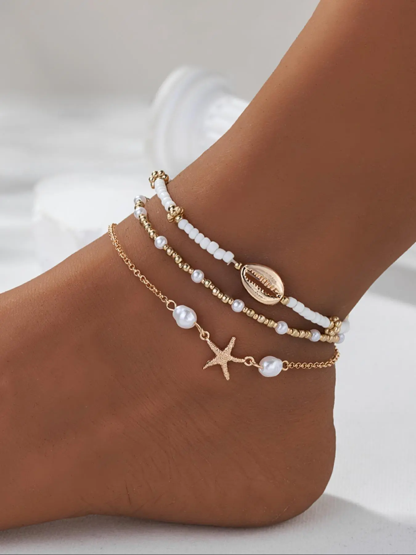 Women's Boho Style Starfish & Shell Charms Decor Anklet, Gifts for Girlfriend, Fashionable Beaded Anklet for Beach Party Vacation, Elegant All-match Fashion Accessories for Daily Wear, Jewelry