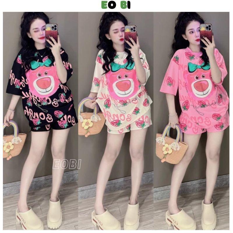 Bộ Đồ Ngủ Tay Ngắn Dáng Rộng In Họa Tiết Gấu Và Dâu Tây Cỡ Lớn Thời Trang Mùa Hè 2024 Mới - EOBI Nữ Áo 4