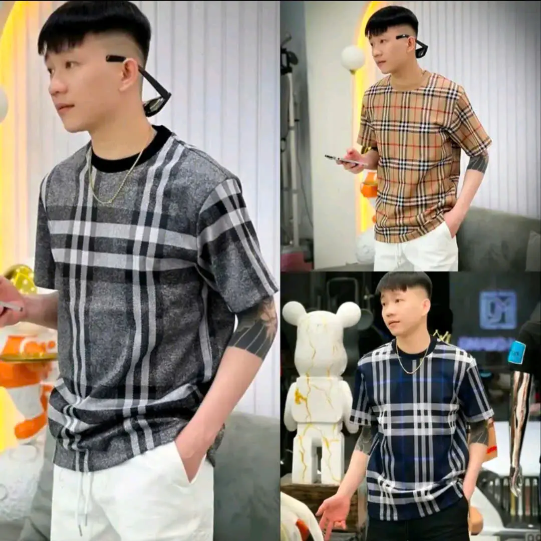 Áo phông nam nữ Premium Cotton  dệt hoạ tiết kẻ sọc caro toàn thân Size S/M/L/XL/2XL