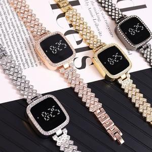 Jam Tangan LED Digital Wanita Kristal Mewah Bling Watch Elegant Berlian Tali Besi Glam Gold Silver Rose Fashion