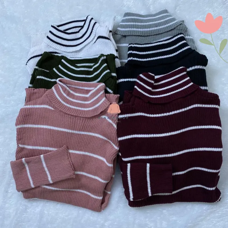 Basic Stripe Turtleneck Atasan Wanita/Atasan Rajut/Turtleneck Rajut Baju Panjang 1
