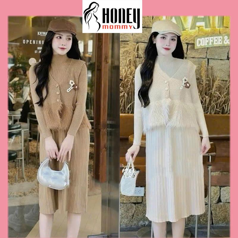  Set Đầm Bầu Thu Đông Gile Len Mix Váy Xếp Ly Có Tag 2 Bông Hoa Nhẹ Nhàng Sang Chảnh Mặc Đi Cafe HD3283 Honey Mommy 