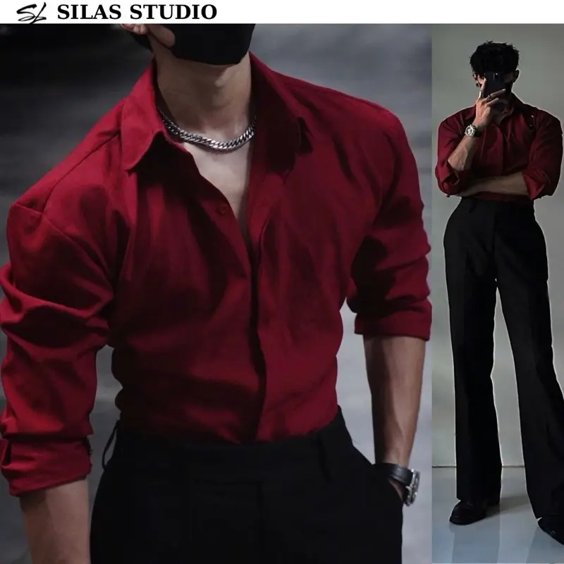 (Form Tôn Vai) Áo Sơmi SILAS Trơn Đỏ RVang Cotton Chéo Nam Giấu Cúc Cổ Bẻ Thoáng Mát Menswear