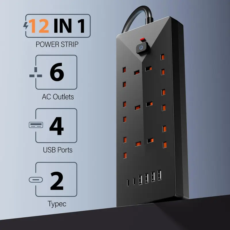 Power Strip Outlets, 6-AC Socket Switch Extender Surge Protector, Power Strip with 4 USB Charging Ports, Power Strip Outlets for Home, Office, Best Gifts for Men, Modern, Plug, Black 8