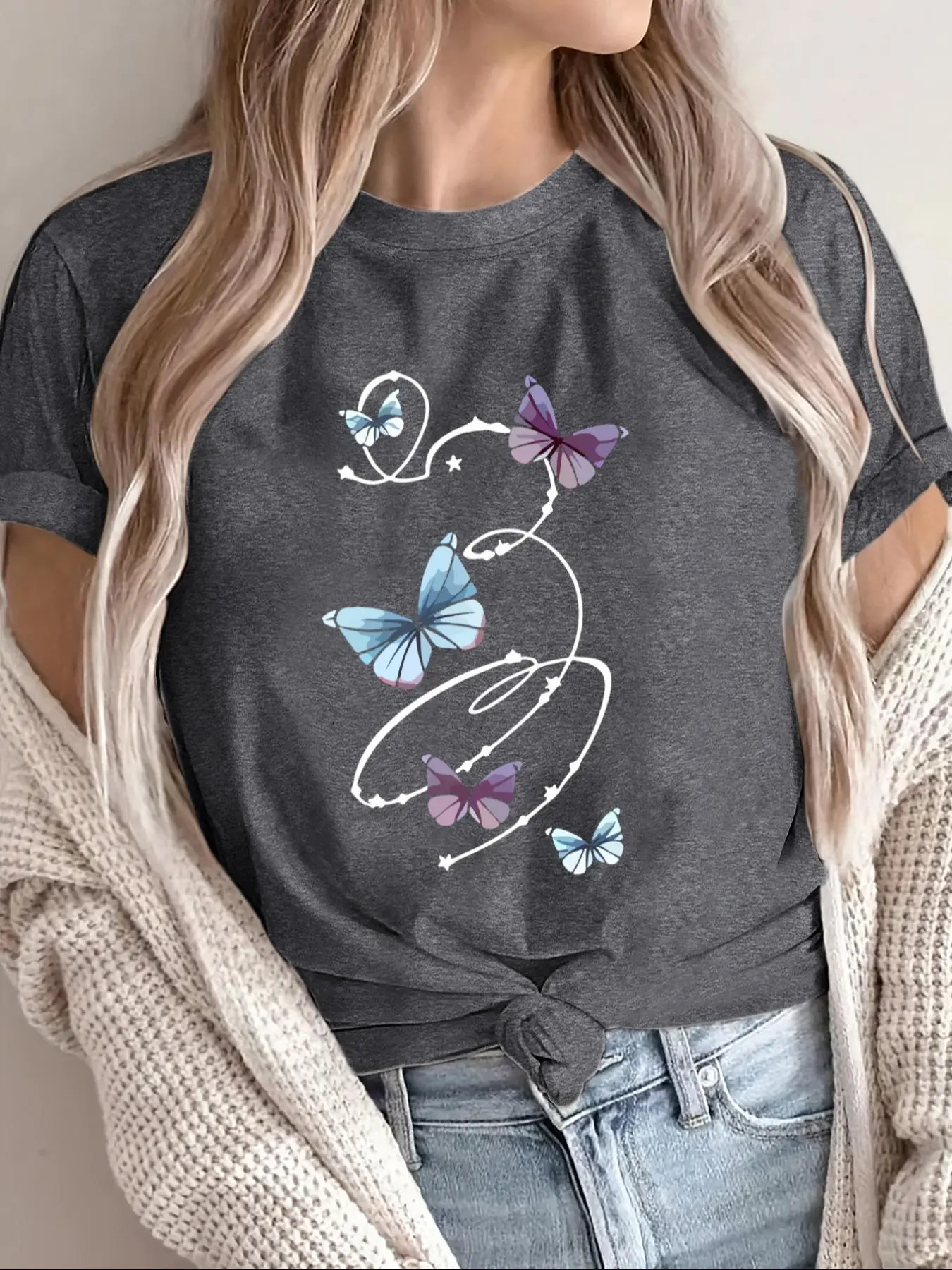 Women's Cartoon Butterfly & Letter Print Round Neck Tee, Casual Short Sleeve Crew Neck T-Shirt for Summer, Fashion Women's Top for Daily Wear