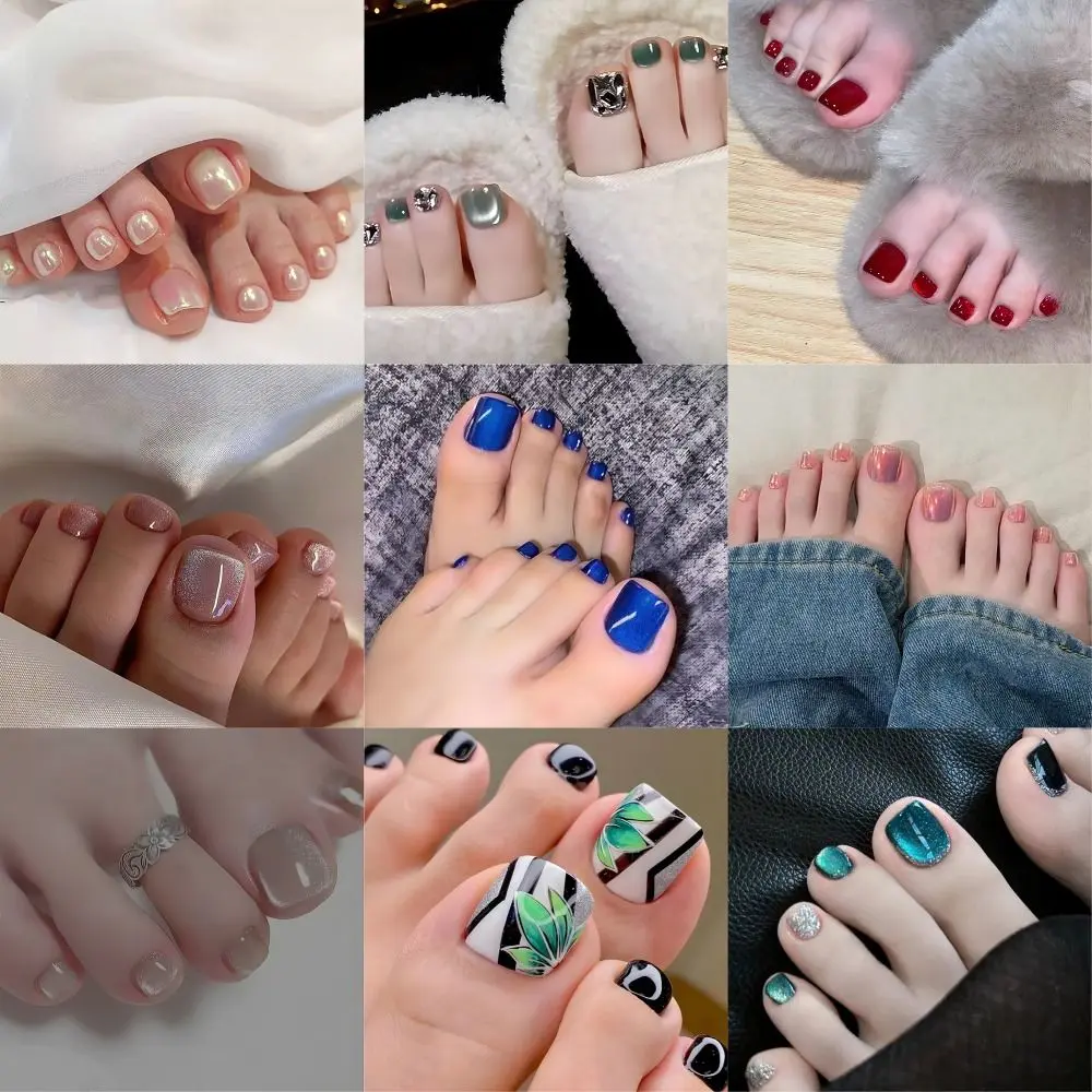24pcs/box Fashion Aurora Fake Toenails Short Square Full Cover Foot Nails Cat Eye Toe Nails For Women Girl