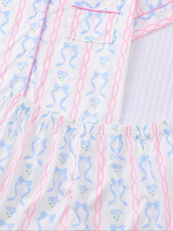 Women's Bowknot Print Lapel Neck Top & Elastic Waist Shorts Pyjama Two-piece Set, Casual Comfy Short Sleeve Top & Shorts Pj Set, Ladies Summer Sleepwear, Loungewear, Pajamas 7