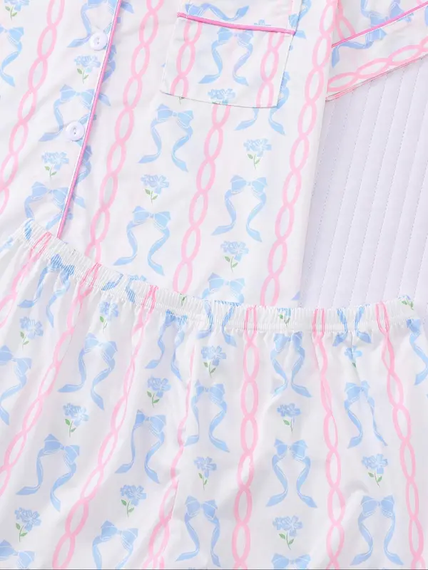 Women's Bowknot Print Lapel Neck Top & Elastic Waist Shorts Pyjama Two-piece Set, Casual Comfy Short Sleeve Top & Shorts Pj Set, Ladies Summer Sleepwear, Loungewear, Pajamas 7