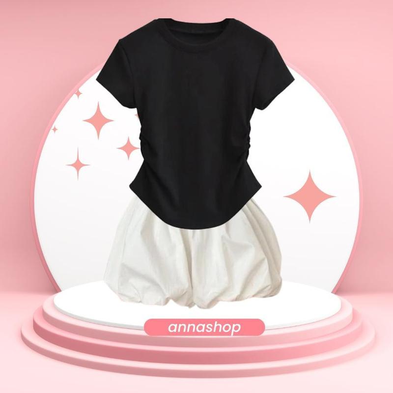 áo thun rút eo kèm quần bí dan dáng bồng (35_50kg ) tùy chiều cao Top Women Nữ Kem set thường set  váy  【 đơn   áo sơ mi xám bộ