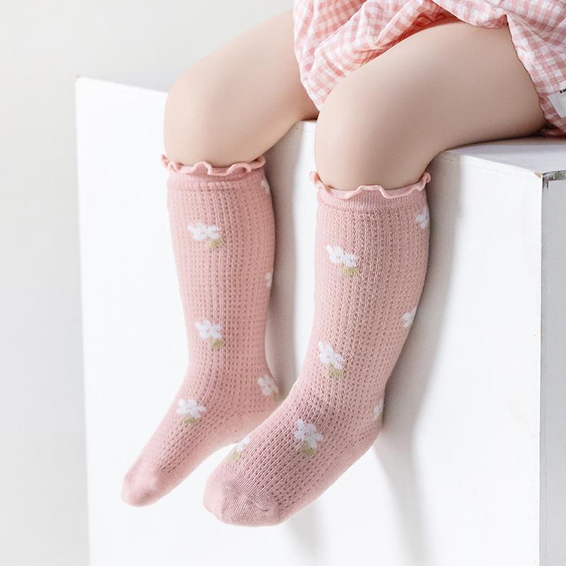 Product Introduction of Baby Socks for Girls Flower/Bear Print Mosquito Protection Mid-Calf Socks Spring Summer Breathable Kids Mesh Thin Socks 27