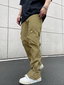 メンズソリッドジッパーポケットカーゴパンツ、毎日のアウトドアウェアのためのストリートカジュアルなドローストリングウエストパンツ、春夏秋用のメンズカーゴパンツ