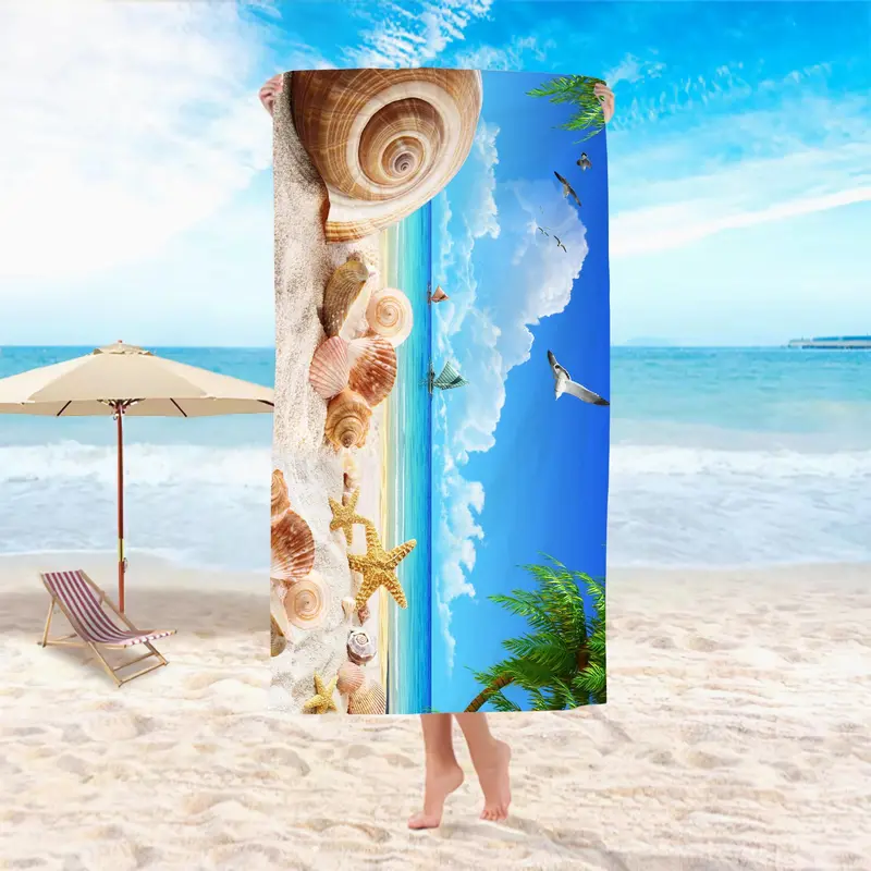 Starfish & Beach Pattern Beach Towel, 1 Count Quick Drying Beach Towel, Soft Absorbent Towel for Home Bathroom Beach Vacation 4