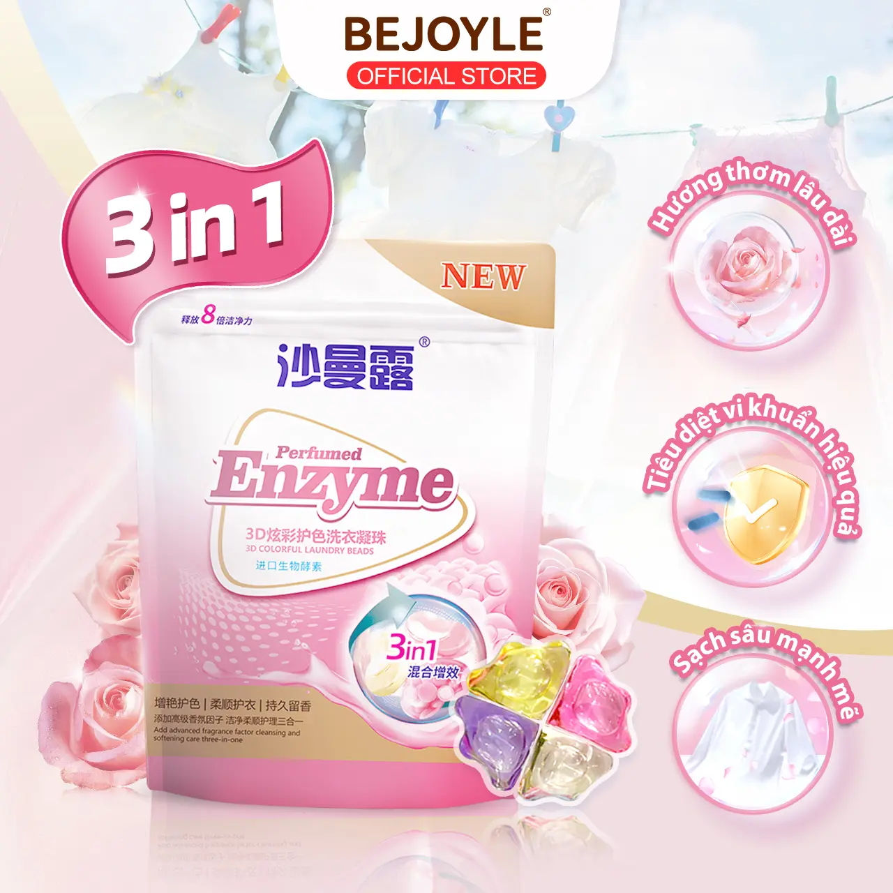 Viên Giặt Xả 3 Trong 1 hương Ngày Thư Thái(10 viên/ túi) Hương thơm thảo dược cây hoa hồng Enzyme sinh học nhập khẩu  Làm Sạch kháng khuẩn