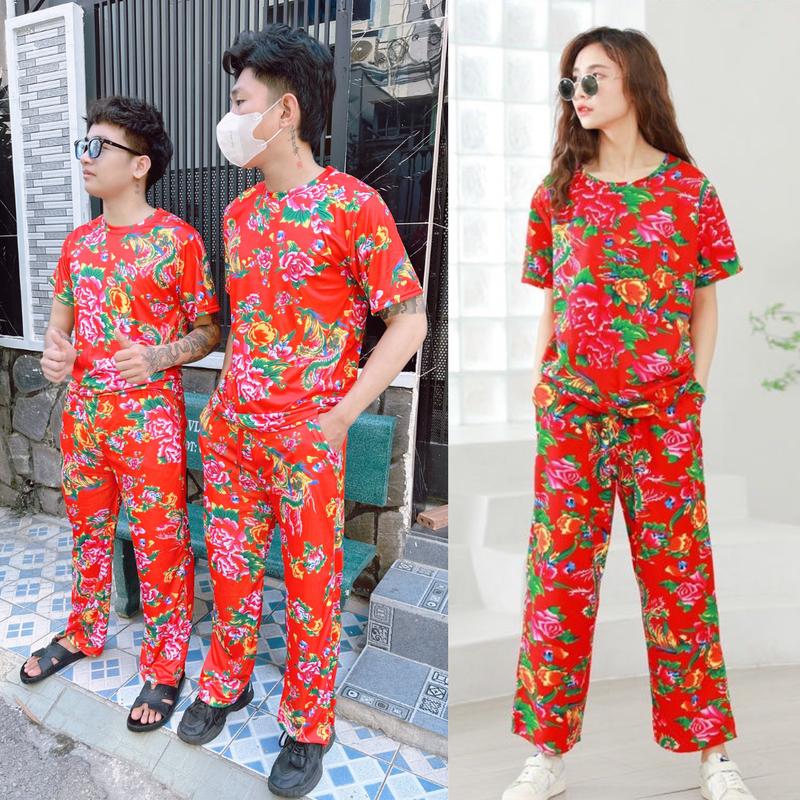 Đồ bộ quần áo hoa con công đỏ quần DÀI - Chất liệu thun lạnh có size từ 40-100kg nam nữ unisex mặc được họa tiết hoa lá cành kiểu khăn trải bàn phong cách dân tộc thanh long