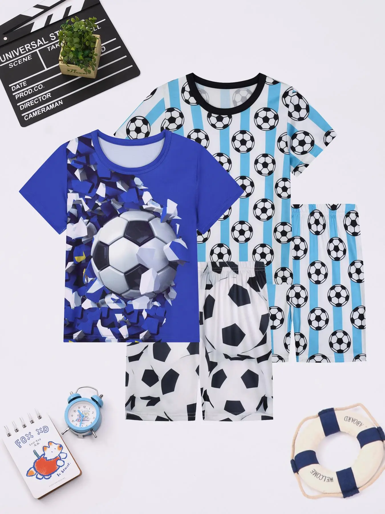 Boys' Soccer Print Short Sleeve Round Neck Tee & Elastic Waist Shorts Pajama Set, Regular Fit Casual Comfortable Breathable PJ Set for Daily Home Wear, Kids Sleepwear for Summer