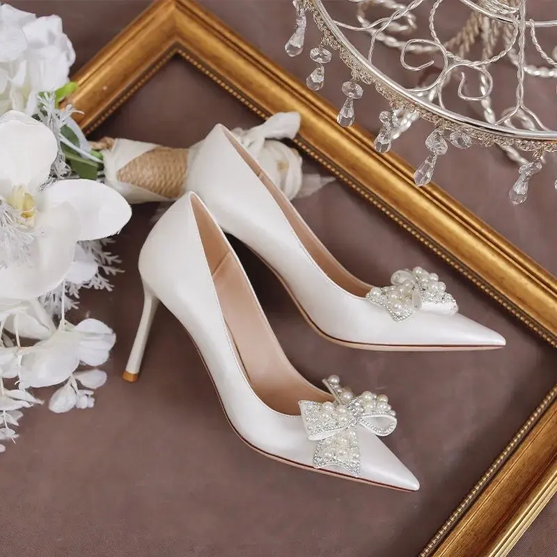 Giày cao gót nữ giày nơ đính ngọc gót nhọn 9cm và 7cm Shoes giày cưới giày  caogót 8