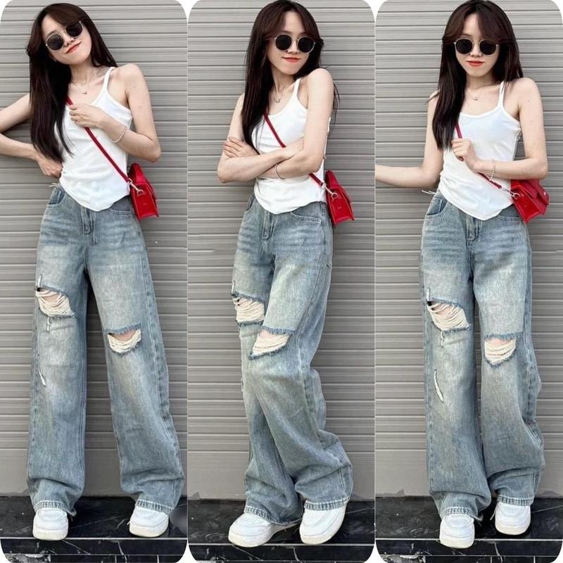 (S-XL) Quần Jean Suông - Quần Jean Ống Rộng Trơn Xanh Bạc Rách Gối Cá Tính Năng Động Lưng Cao Ôm Eo QC HYDI Jeans FullSize S M L. Nữ Women Ong Denim quần jean