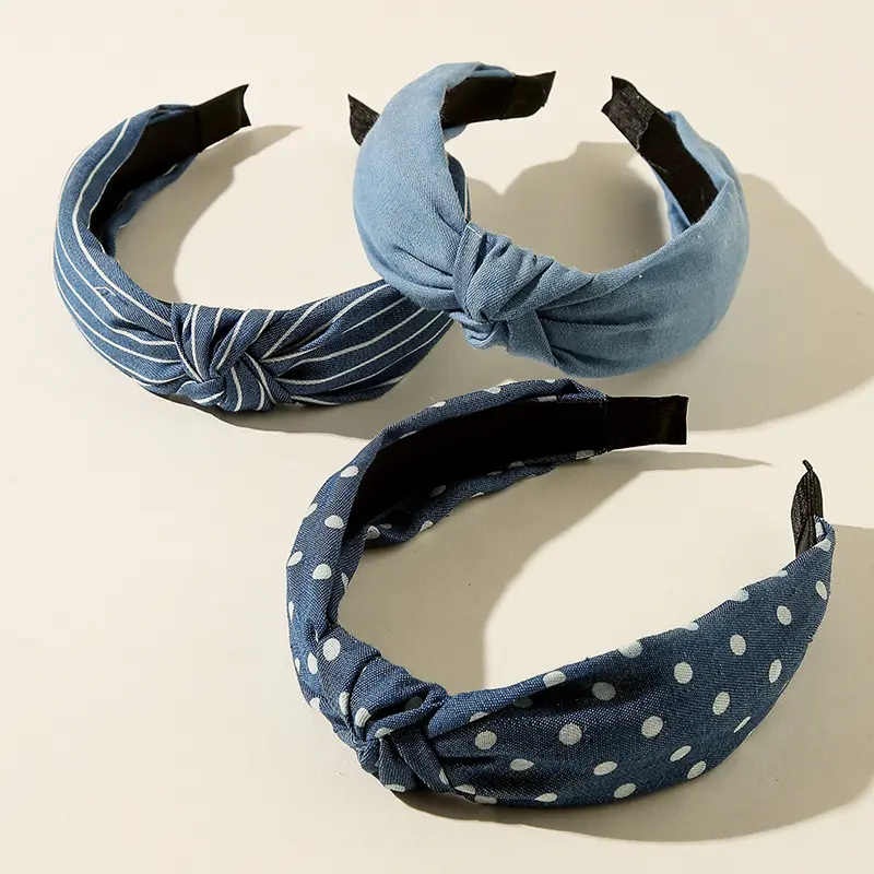 3pcs Denim Striped Dot Headband Women's Fashion Simple Blue Hair Accessories 0