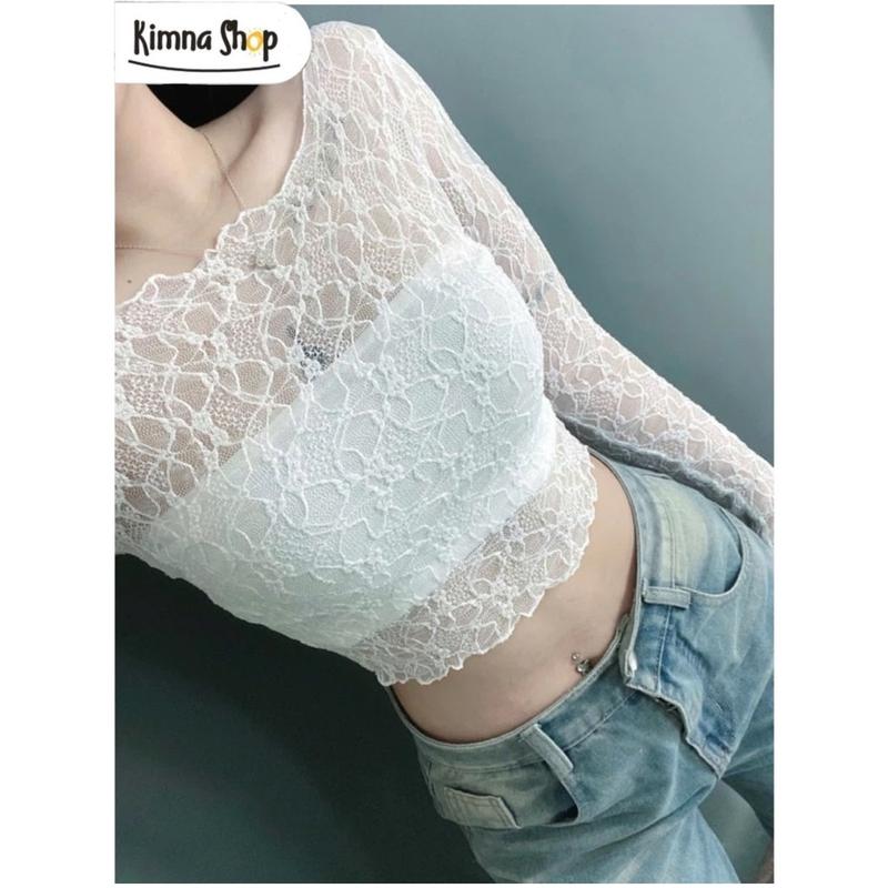 Áo Croptop Tay Dài Lưới Ren Hoa Mỏng Kèm Quây Ngực