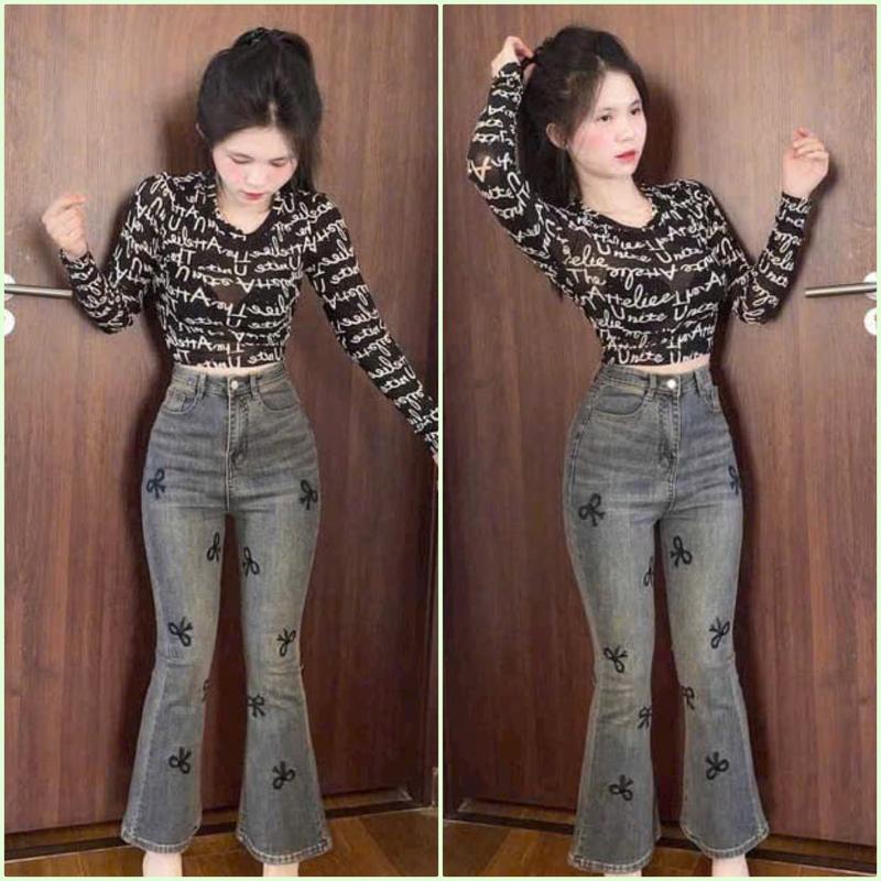 < 1M56 Quần Jean Nữ Ống Loe 9 Tất Bass Lở Thêu Nơ Đen Ở Thân Chất Vải Mềm Mịn Có Co Gian KiHa Jean Women Voi Kem