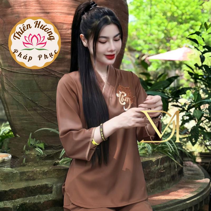Đồ bộ đi chùa thêu chữ Tâm Đồ lam đi chùa nữ cổ V lụa trượt Pháp phục cách tân chiết eo lụa mềm mịn Thanh lịch