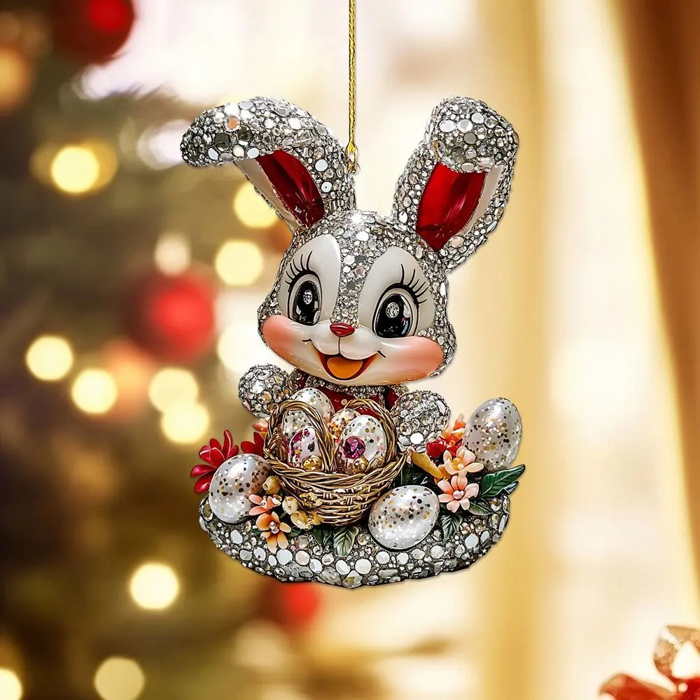 Bunny Pendant Easter Egg Easter Bunny Pendant 2D Flat Keychain Bunny Ornaments Cartoon Decorative Rabbit Hanging Ornaments New Year Gifts