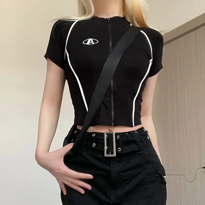 American Hot Girl Locomotive Style Patchwork Short-Sleeved T-shirt Women's Spring and Autumn New Navel Short Sexy All-Matching Top