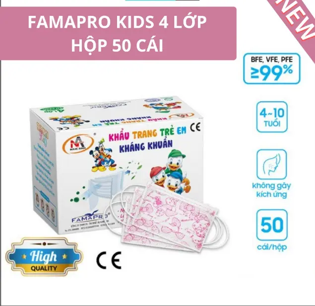 COMBO 3 HỘP [FAMAPRO KIDS 4 LỚP - HỘP 50 CÁI] Khẩu trang y tế trẻ em từ 4-10t 4 lớp kháng khuẩn Nam Anh Famapro kids (50 cái) không dệt việt nam khẩu  trang không dệt đủ màu