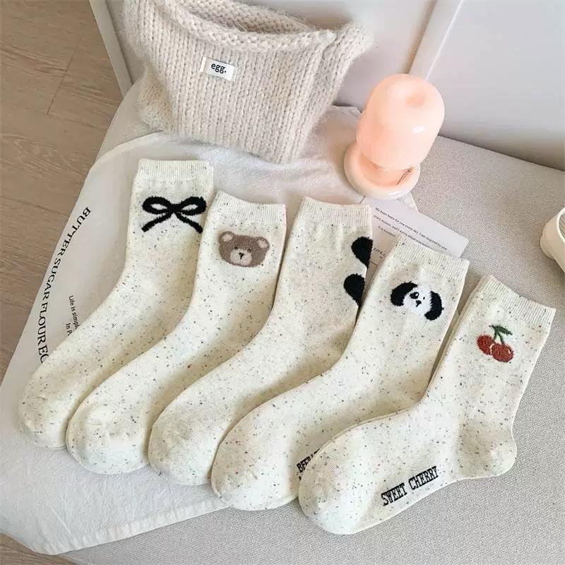 Set 5 Đôi Tất Cao Cổ Nữ Màu Muối Tiêu Họa Tiết GẤU CHERRY Phong Cách Hàn Quốc 3