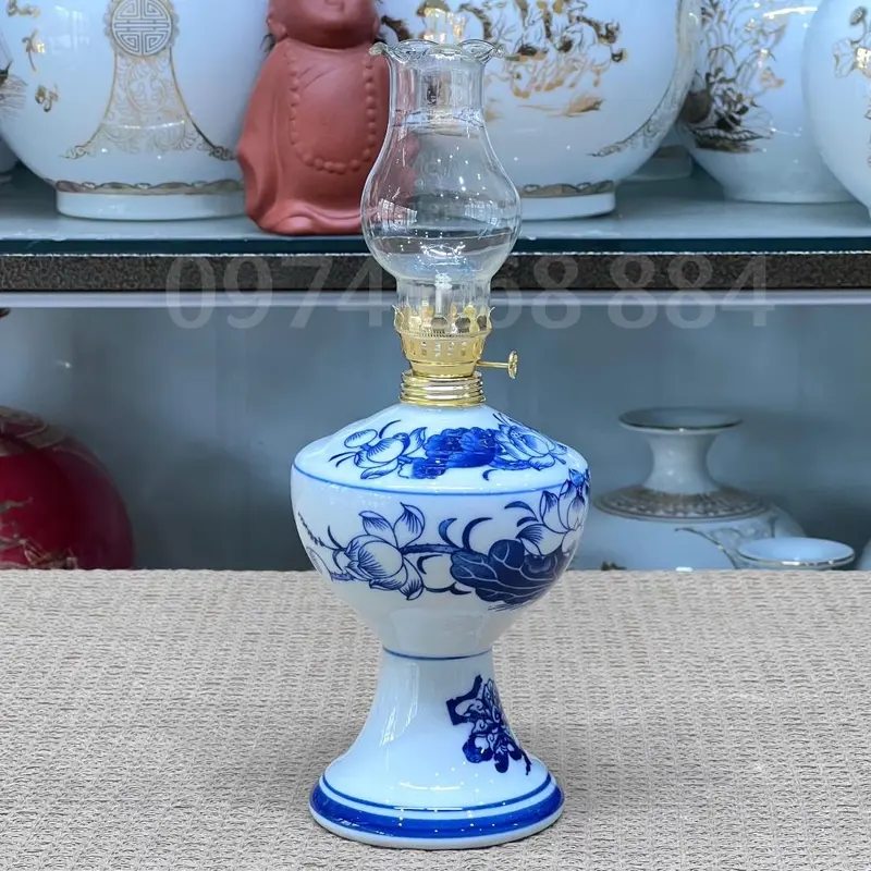 Đèn Dầu Ban Thờ, Ban Thần Tài Gốm Sứ Bát Tràng Men Lam (có bóng) 1